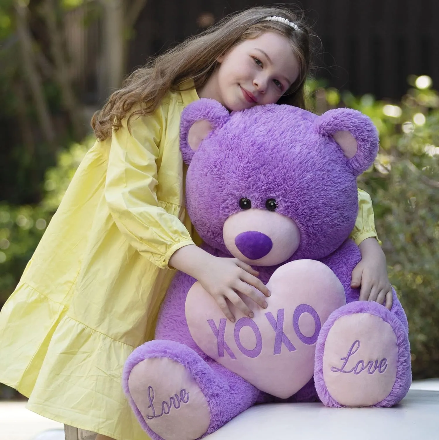 Big Teddy Bear with a Plush Heart, Orange/Lavender, 39 Inches