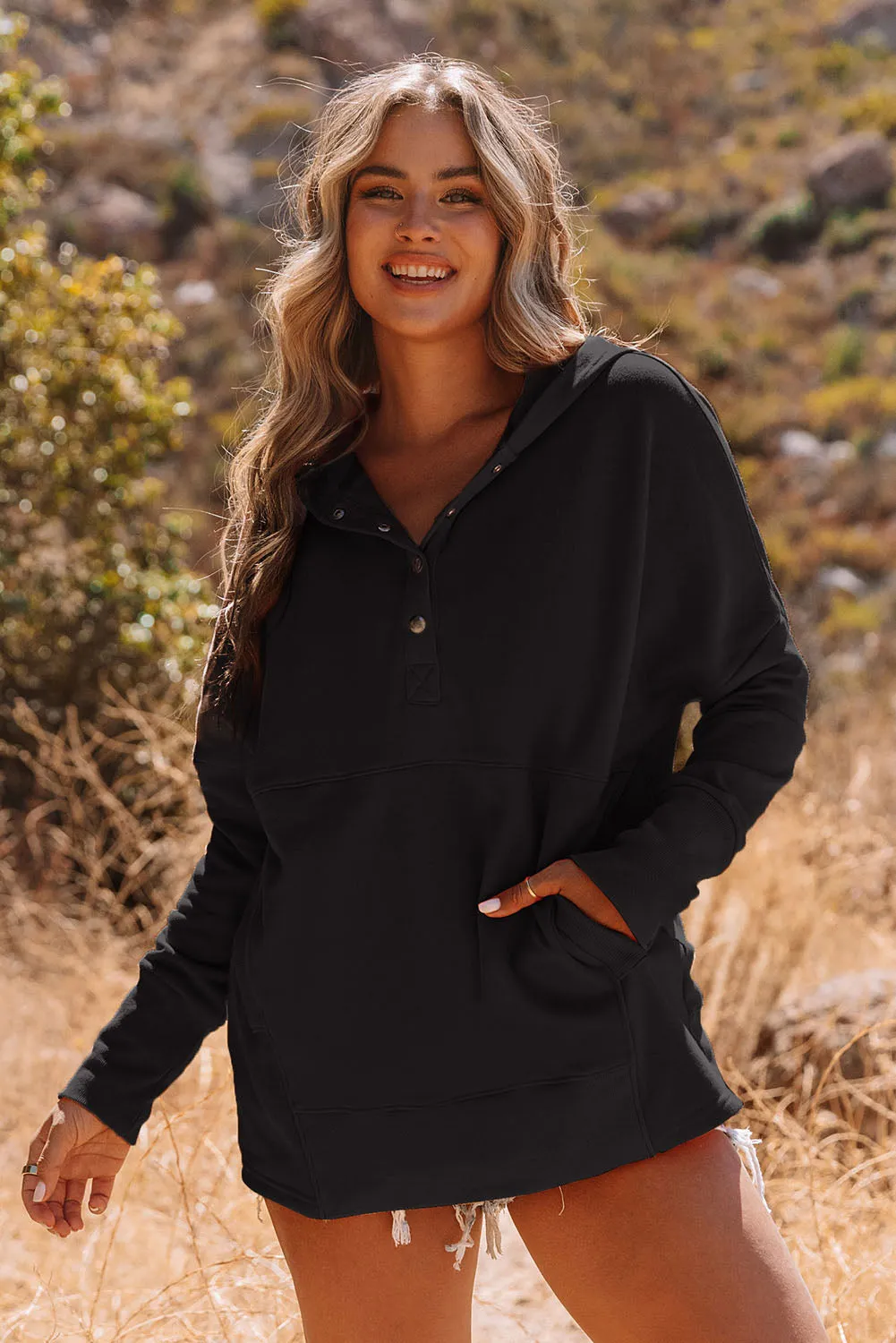 Black Casual Pocketed Batwing Sleeve Henley Hoodie