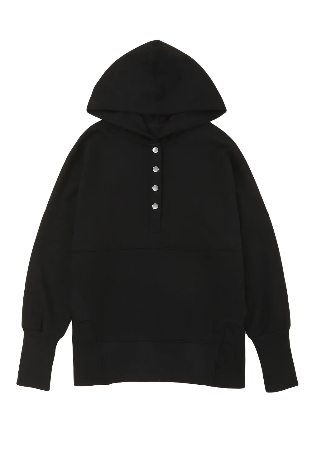 Black Casual Pocketed Batwing Sleeve Henley Hoodie