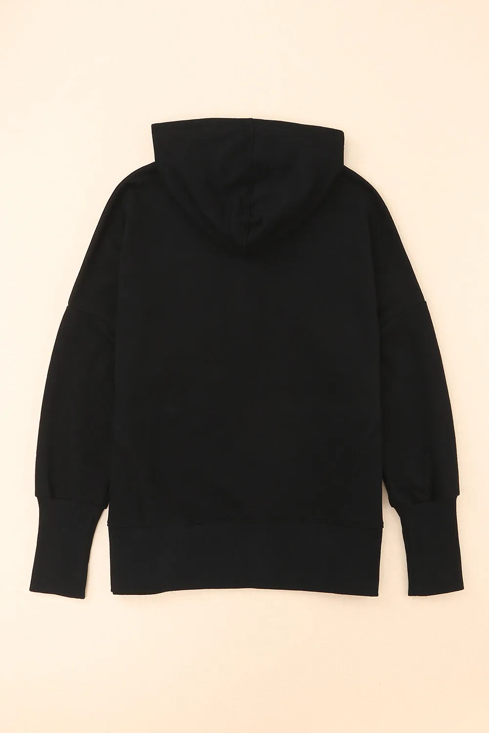 Black Casual Pocketed Batwing Sleeve Henley Hoodie