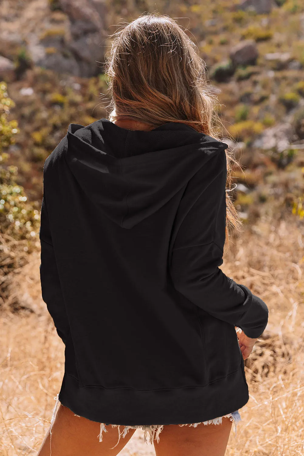 Black Casual Pocketed Batwing Sleeve Henley Hoodie