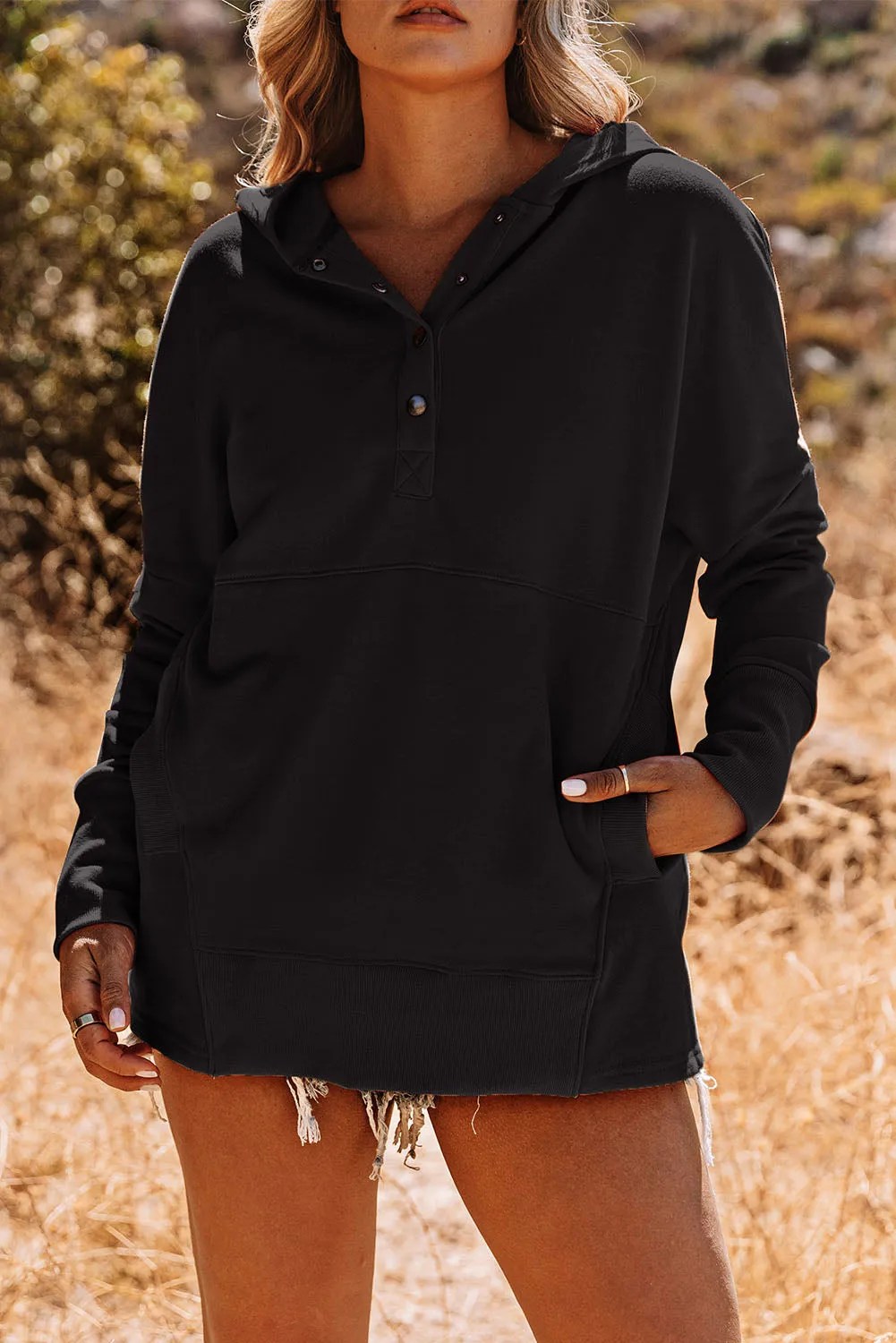 Black Casual Pocketed Batwing Sleeve Henley Hoodie