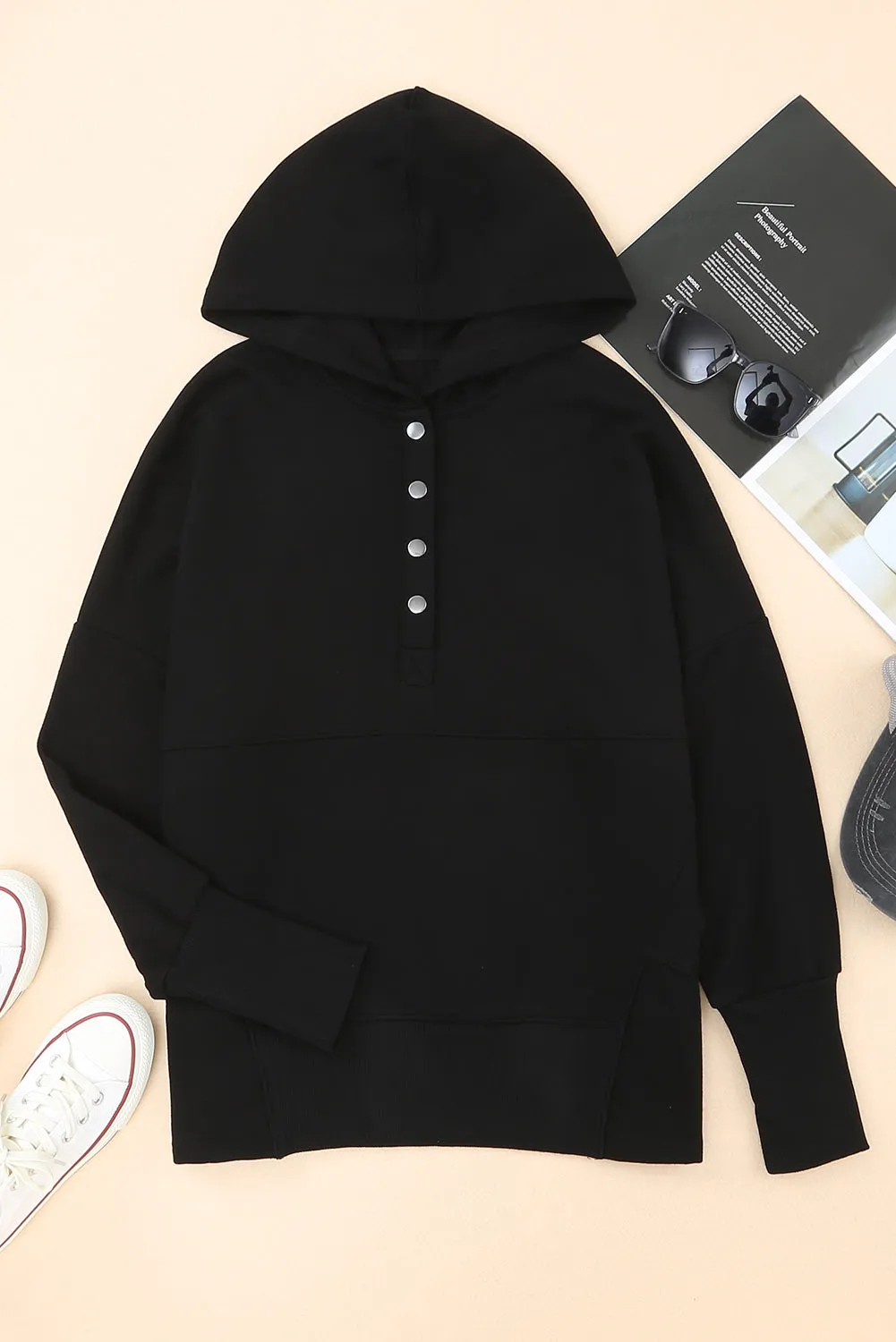 Black Casual Pocketed Batwing Sleeve Henley Hoodie