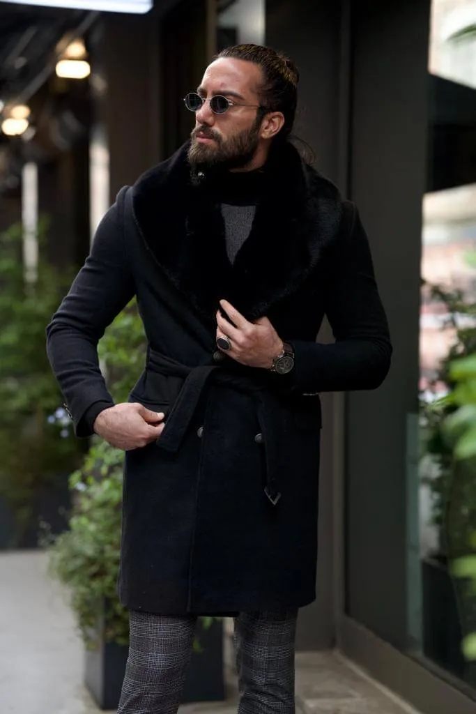 Black Double Breasted Wool Coat