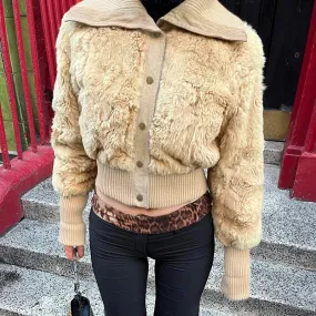 Black Friday Joskaa Ribbed-Breasted Furry Lapel Short Jacket Coat For Women Cardigan Top Patchwork Slim Warm Outwear Female Autumn Fashion