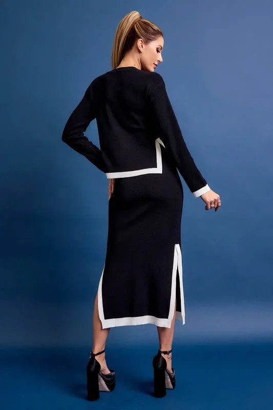 Black Knit Long Sleeve Top And Midi Skirt Set