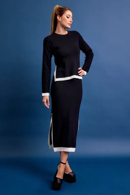 Black Knit Long Sleeve Top And Midi Skirt Set