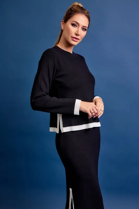 Black Knit Long Sleeve Top And Midi Skirt Set