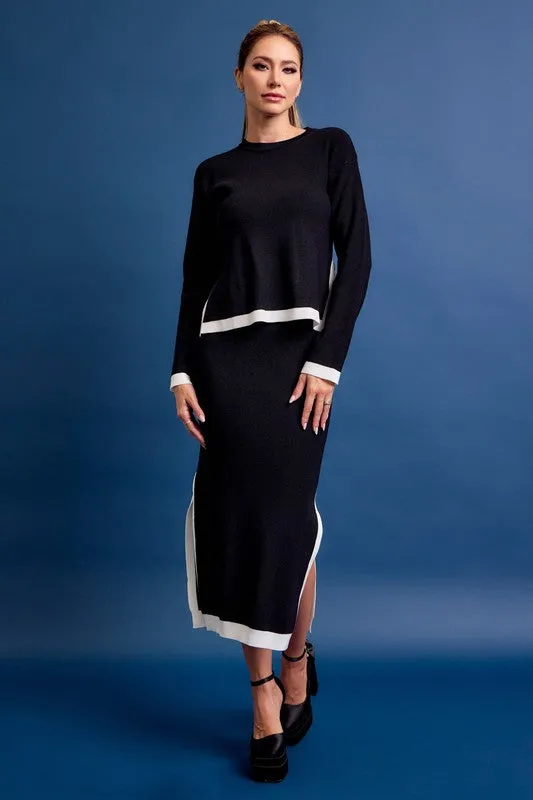 Black Knit Long Sleeve Top And Midi Skirt Set