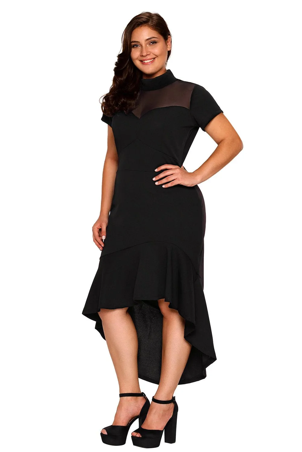 Black Mesh Turtleneck Ruffled Hi-low Hem Curvy Dress