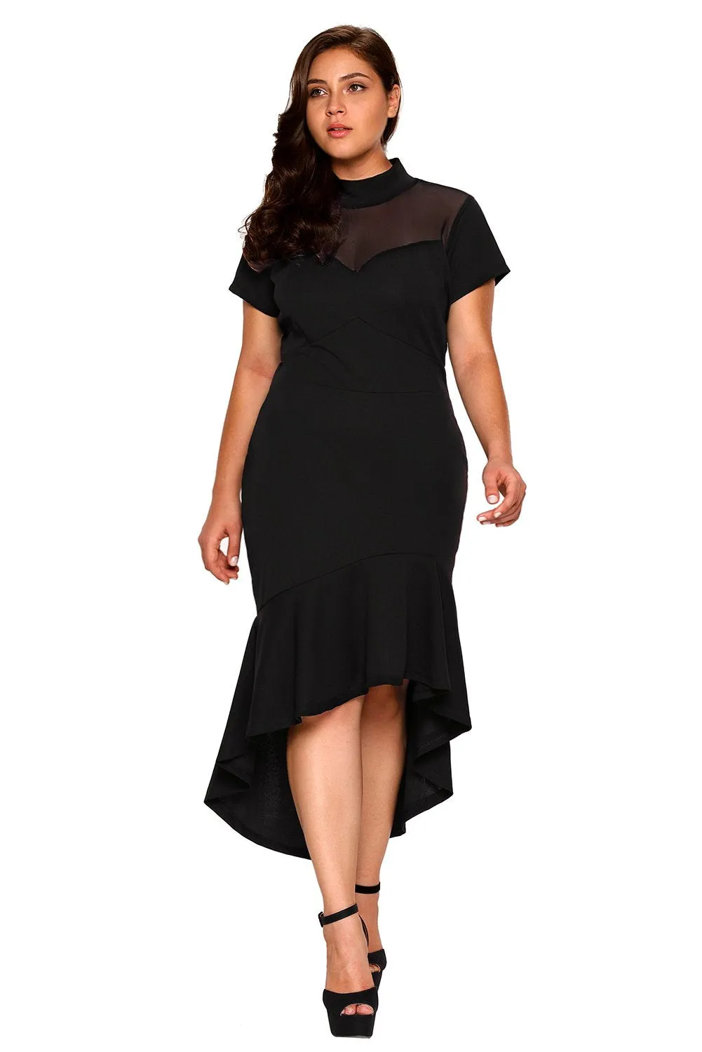 Black Mesh Turtleneck Ruffled Hi-low Hem Curvy Dress