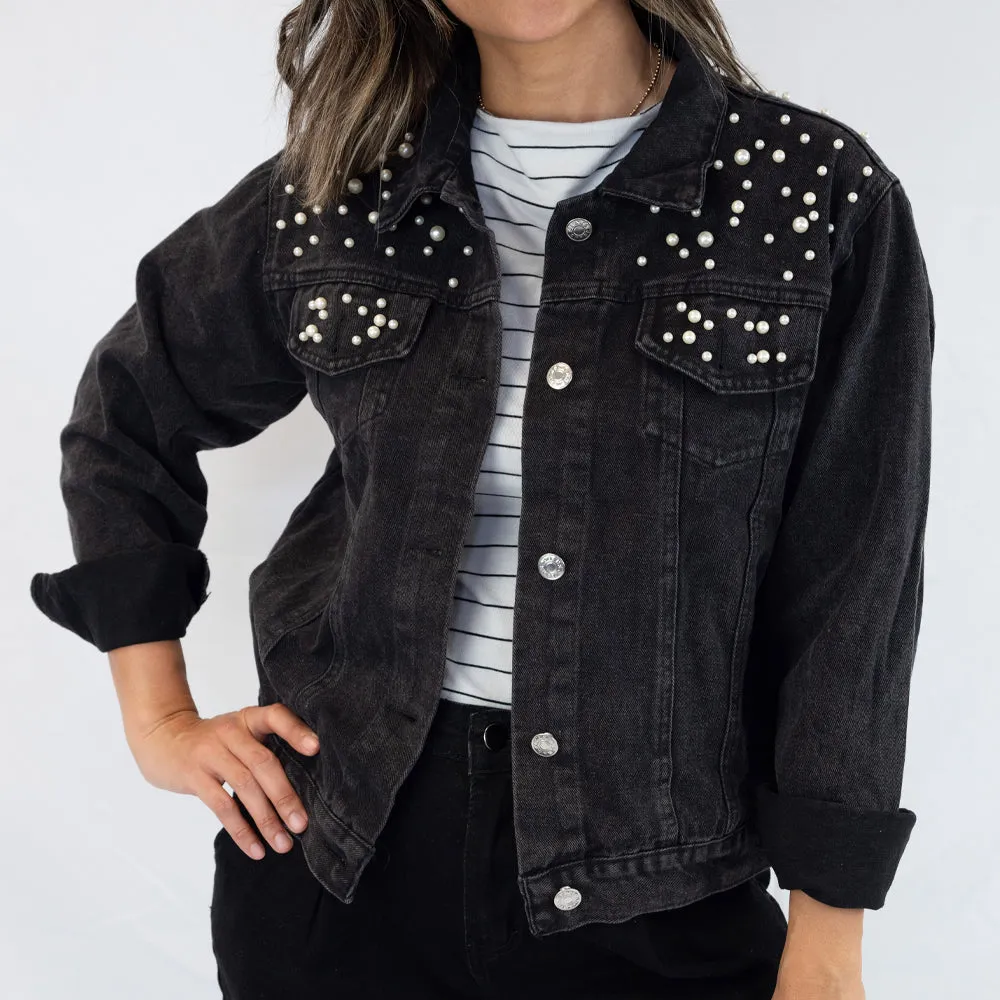 (Black Pearl) Custom Mrs. Smith  Pearl Denim Jacket