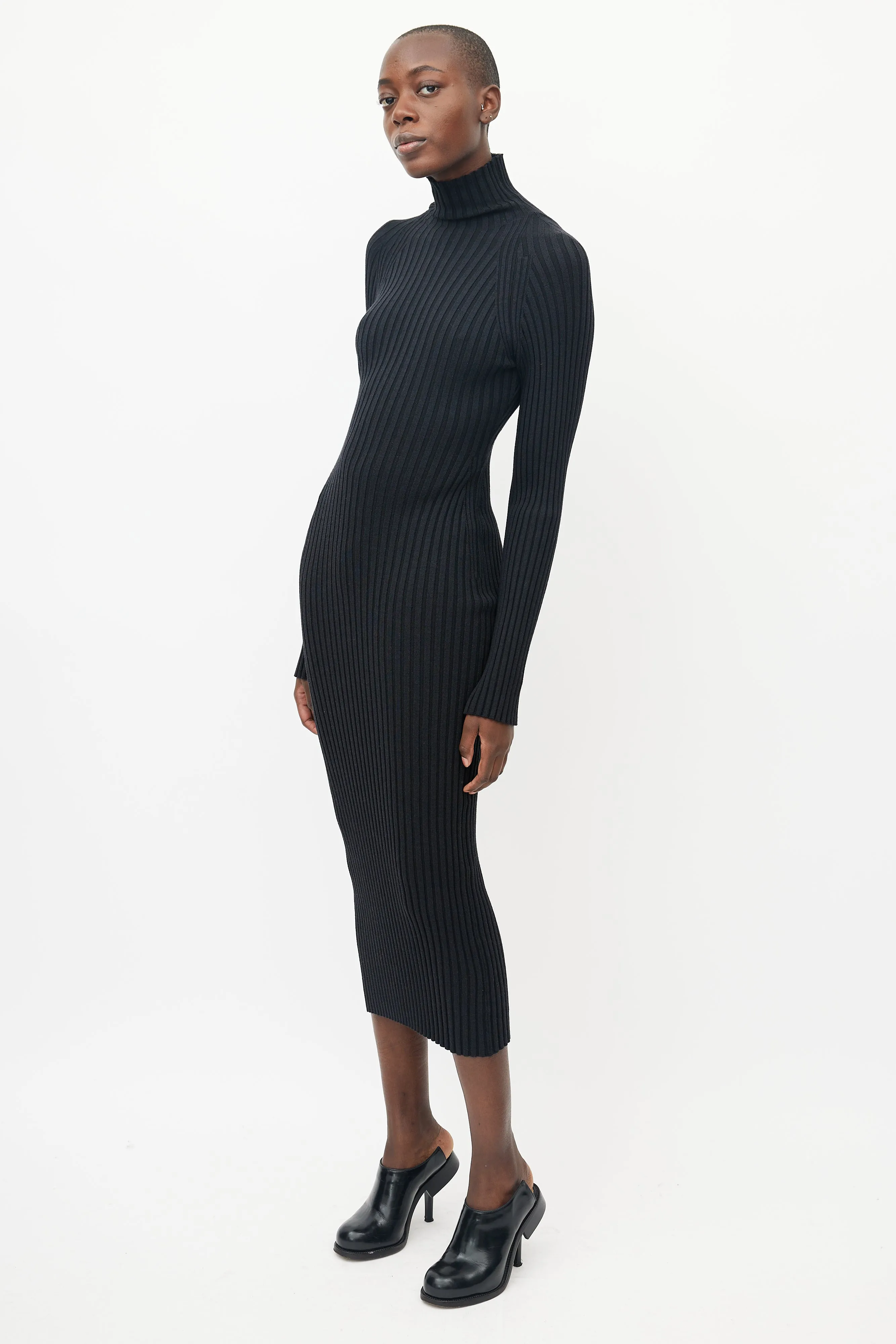 Black Ribbed Turtleneck Dress