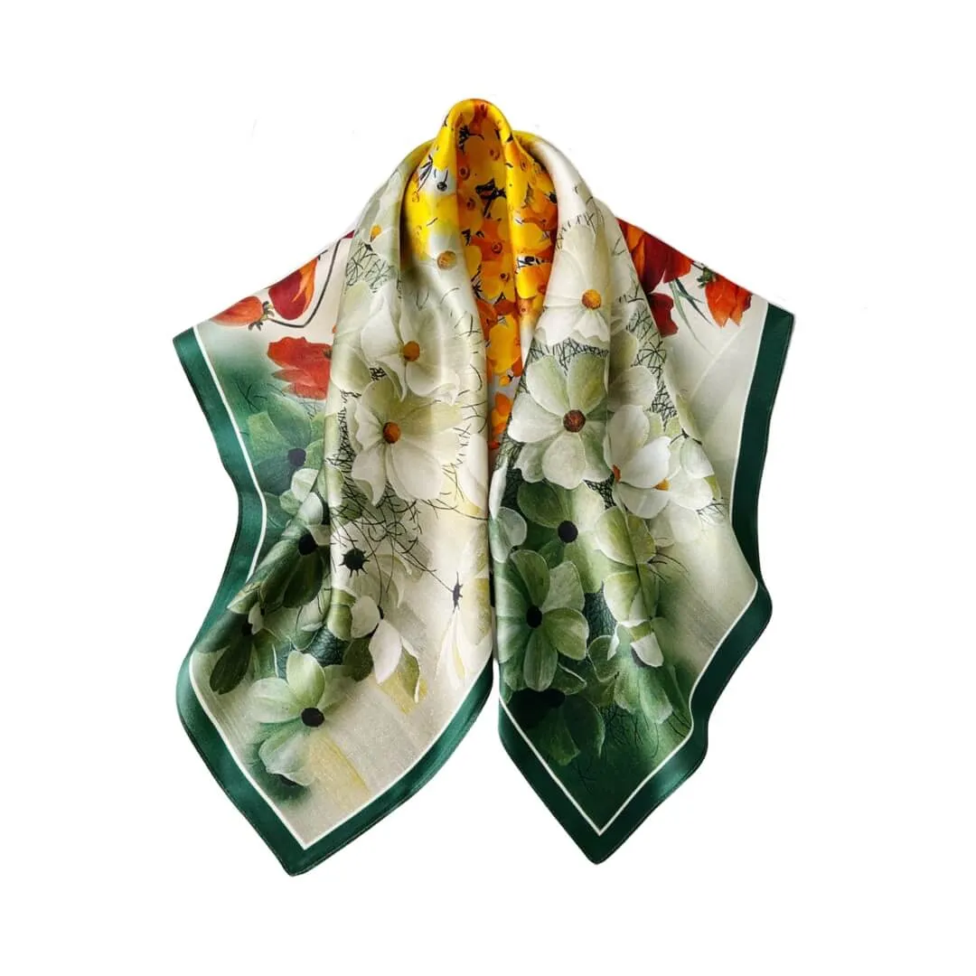 Botanical Bliss Silk Square Pure Mulberry Silk Scarf Bandana