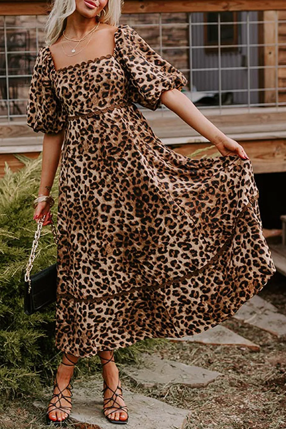 Brown Leopard Print Puff Sleeve Ricrac Maxi Dress