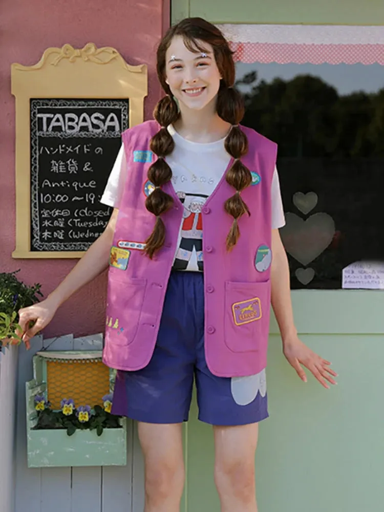 Cartoon Appliques Tassel Casual Women Jackets Vests Summer Sleeveless V-neck Single-breasted Korean Fashion Ladies Coats