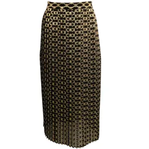 Celine Black / Gold Logo Jacquard Pleated Midi Skirt