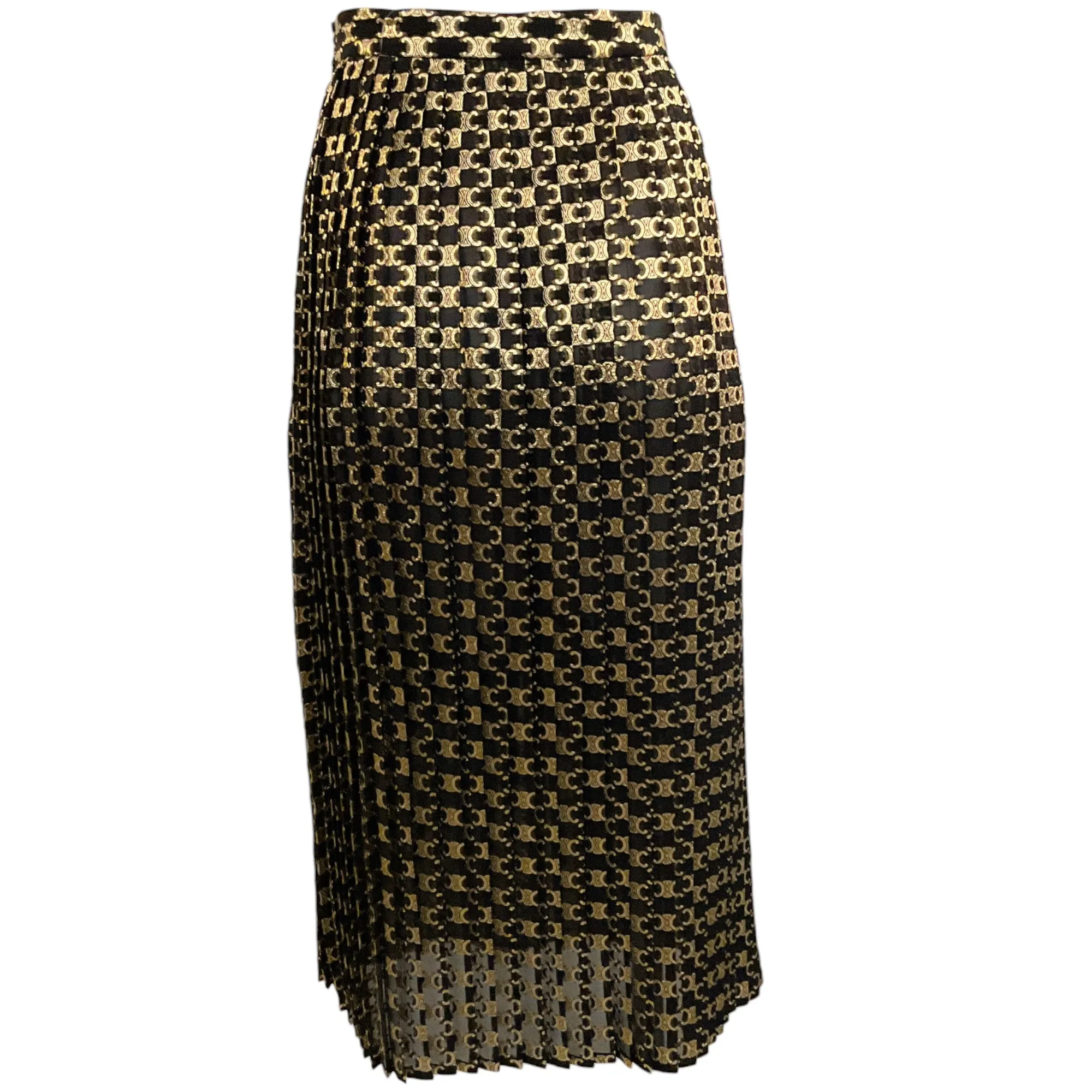 Celine Black / Gold Logo Jacquard Pleated Midi Skirt