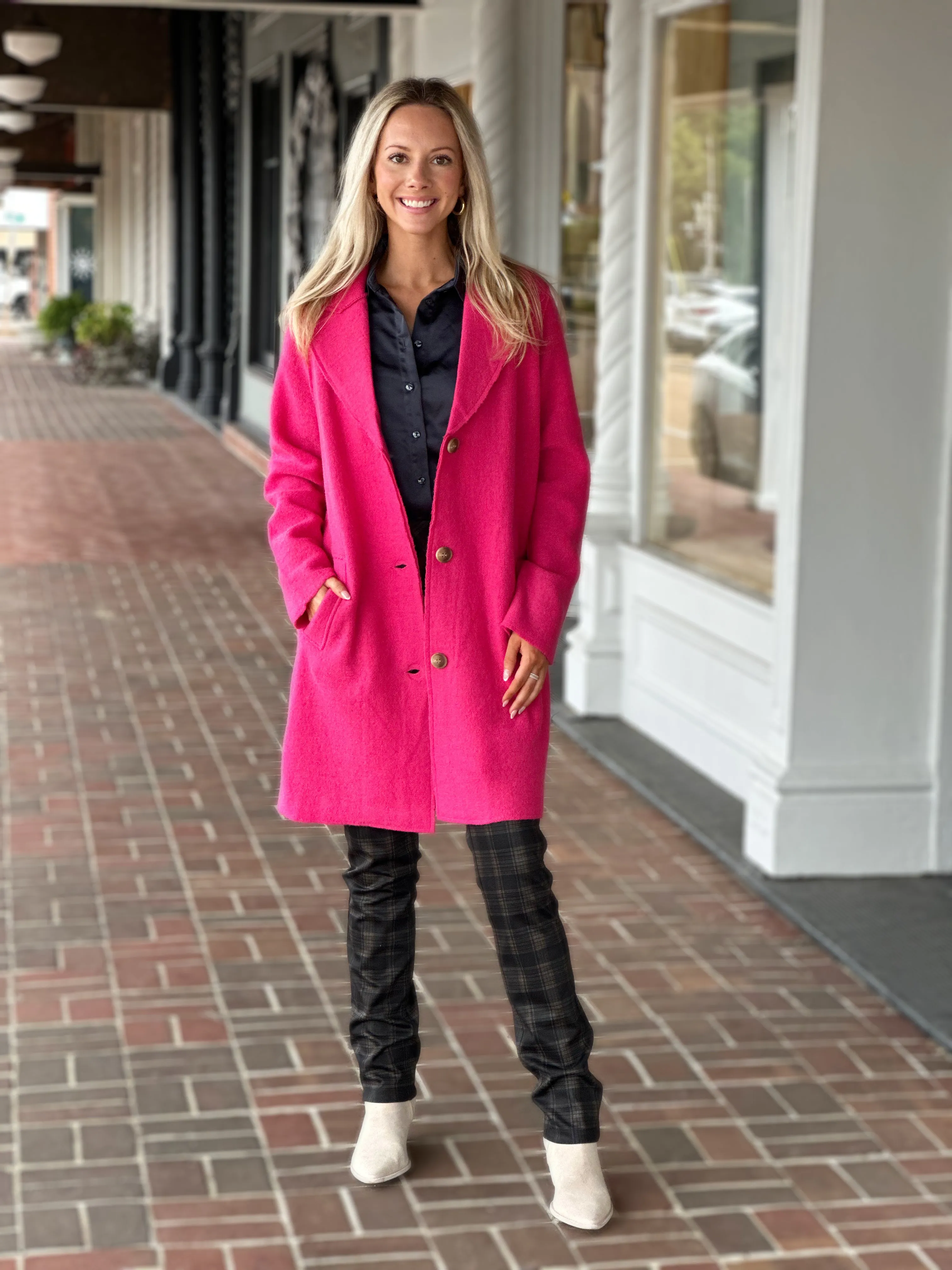 Charlie B Boiled Wool Long Coat in Magenta