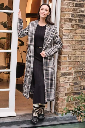 Checked Tie Waist Longline Coat