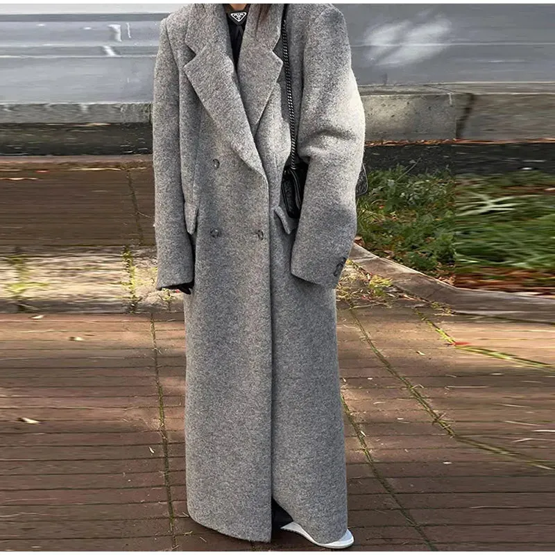 Chic Street Casual Women's Coat Woolen Notched Double Breasted Elegant Back Split