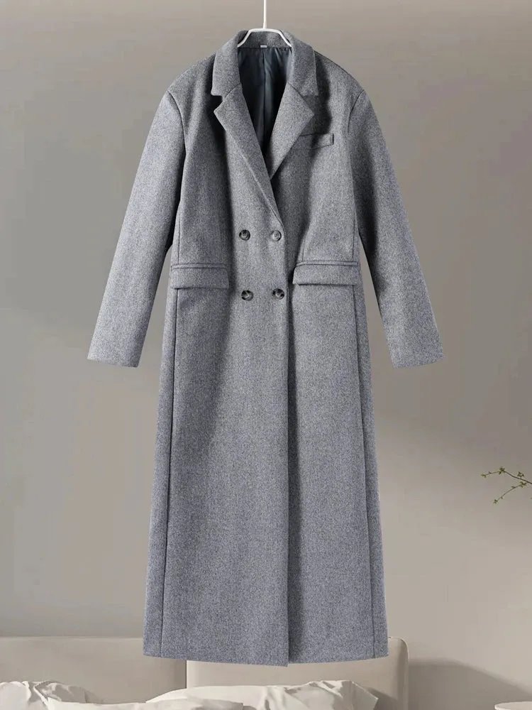 Chic Street Casual Women's Coat Woolen Notched Double Breasted Elegant Back Split