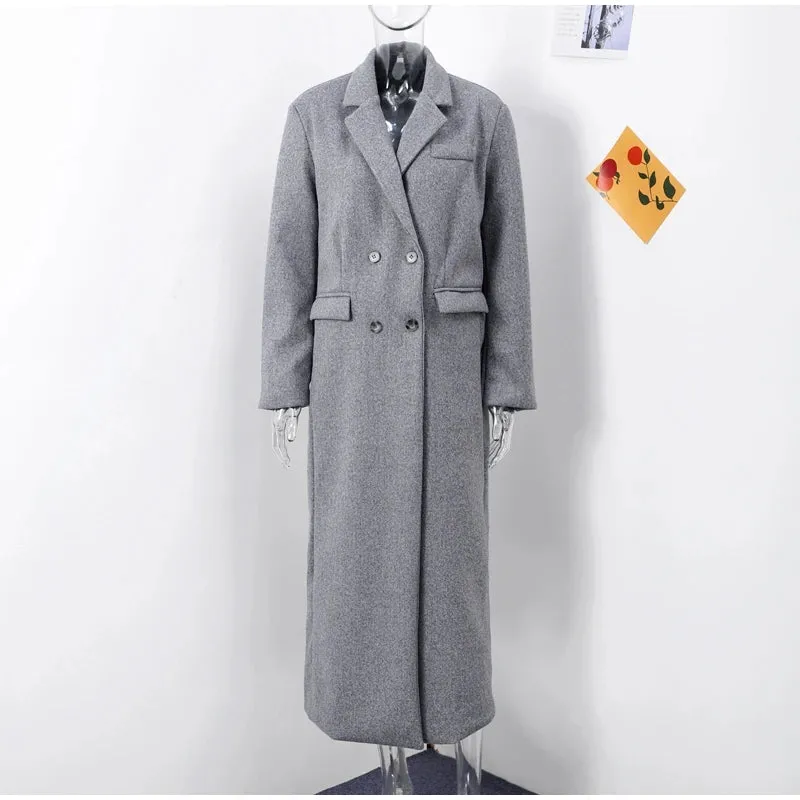 Chic Street Casual Women's Coat Woolen Notched Double Breasted Elegant Back Split