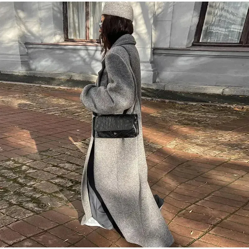 Chic Street Casual Women's Coat Woolen Notched Double Breasted Elegant Back Split