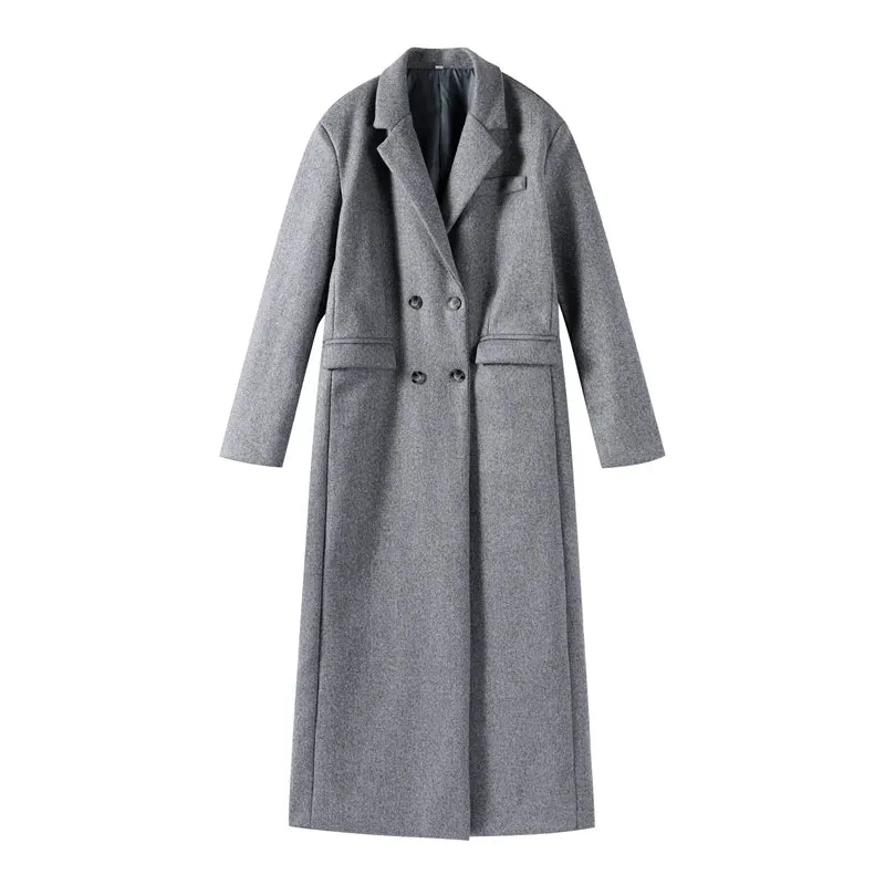 Chic Street Casual Women's Coat Woolen Notched Double Breasted Elegant Back Split