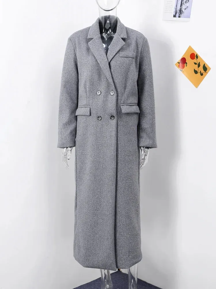 Chic Street Casual Women's Coat Woolen Notched Double Breasted Elegant Back Split