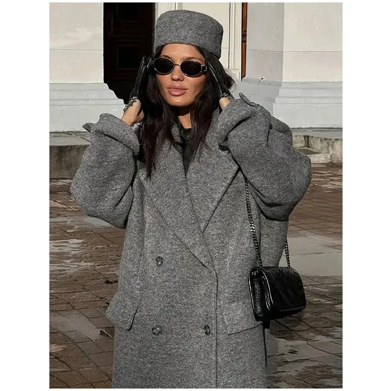 Chic Street Casual Women's Coat Woolen Notched Double Breasted Elegant Back Split