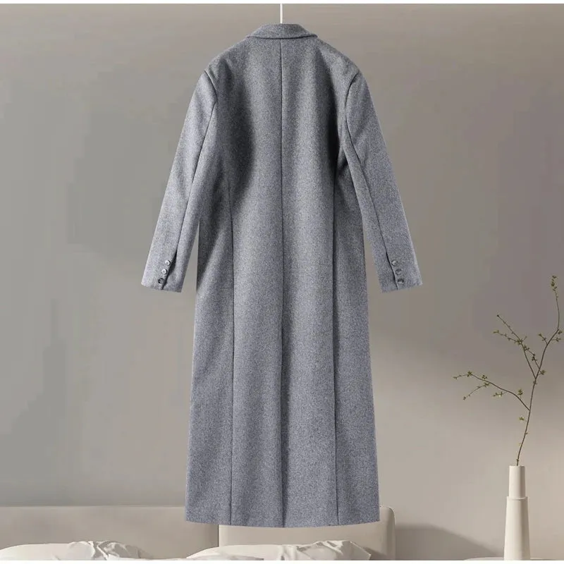 Chic Street Casual Women's Coat Woolen Notched Double Breasted Elegant Back Split