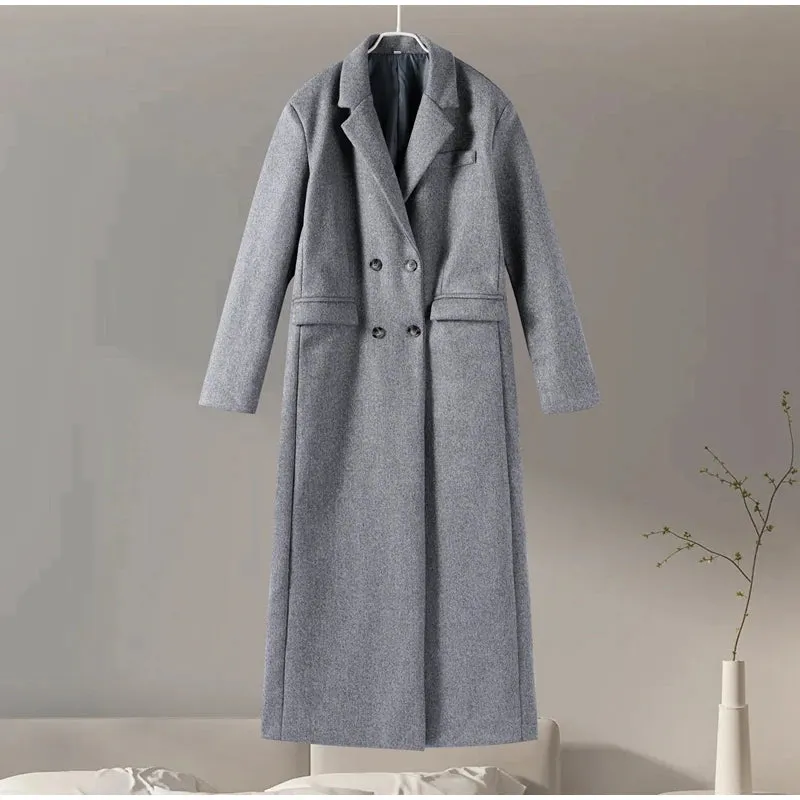 Chic Street Casual Women's Coat Woolen Notched Double Breasted Elegant Back Split