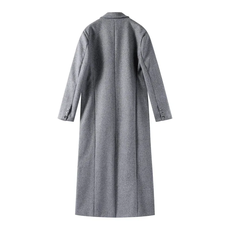 Chic Street Casual Women's Coat Woolen Notched Double Breasted Elegant Back Split