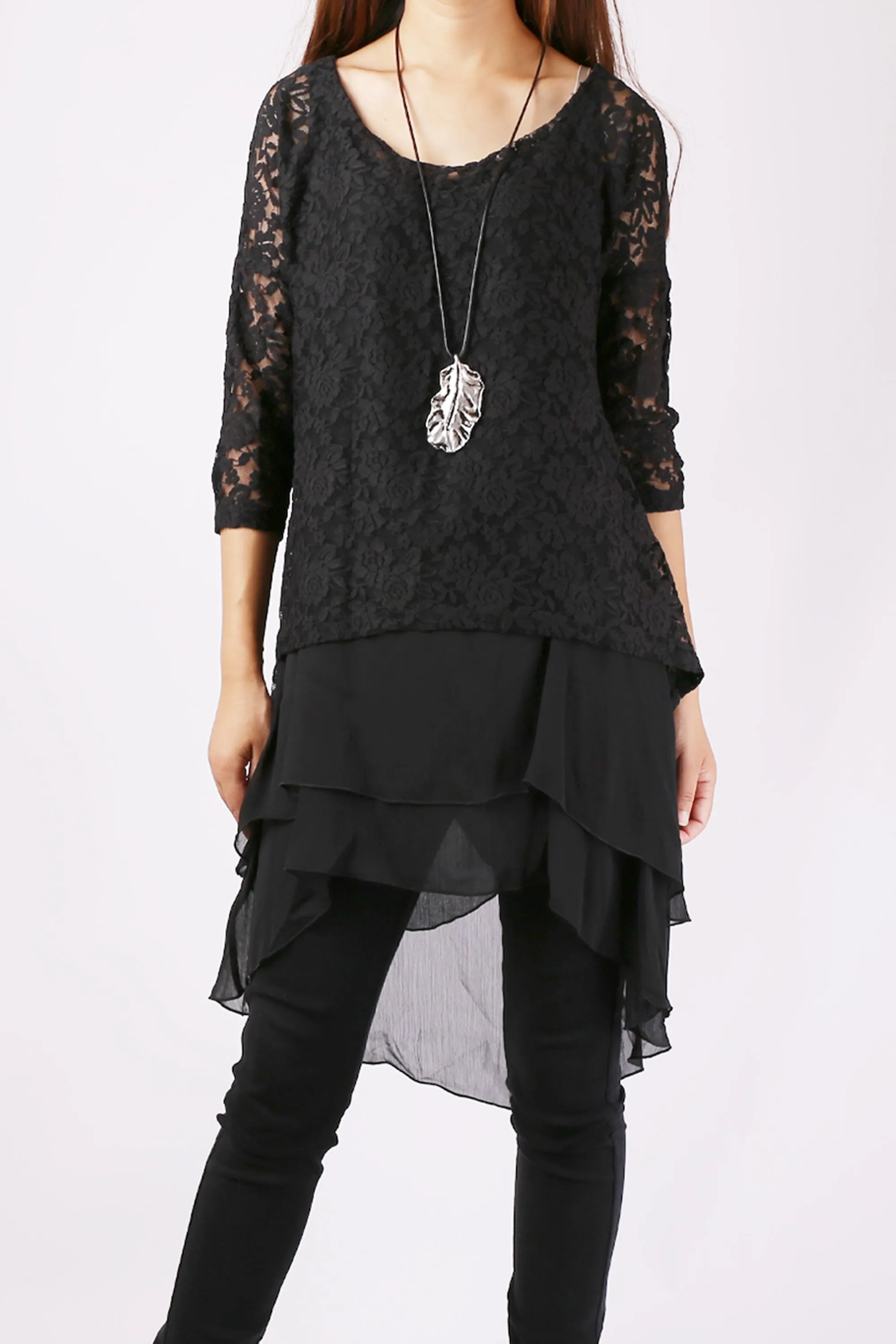 Chiffon Slip Dress/Lace Top with 3/4 Sleeves/Maternity Tunic Dress/Oversize Chiffon Tunic Dress Set/Casual Tunic Top(Q1801)