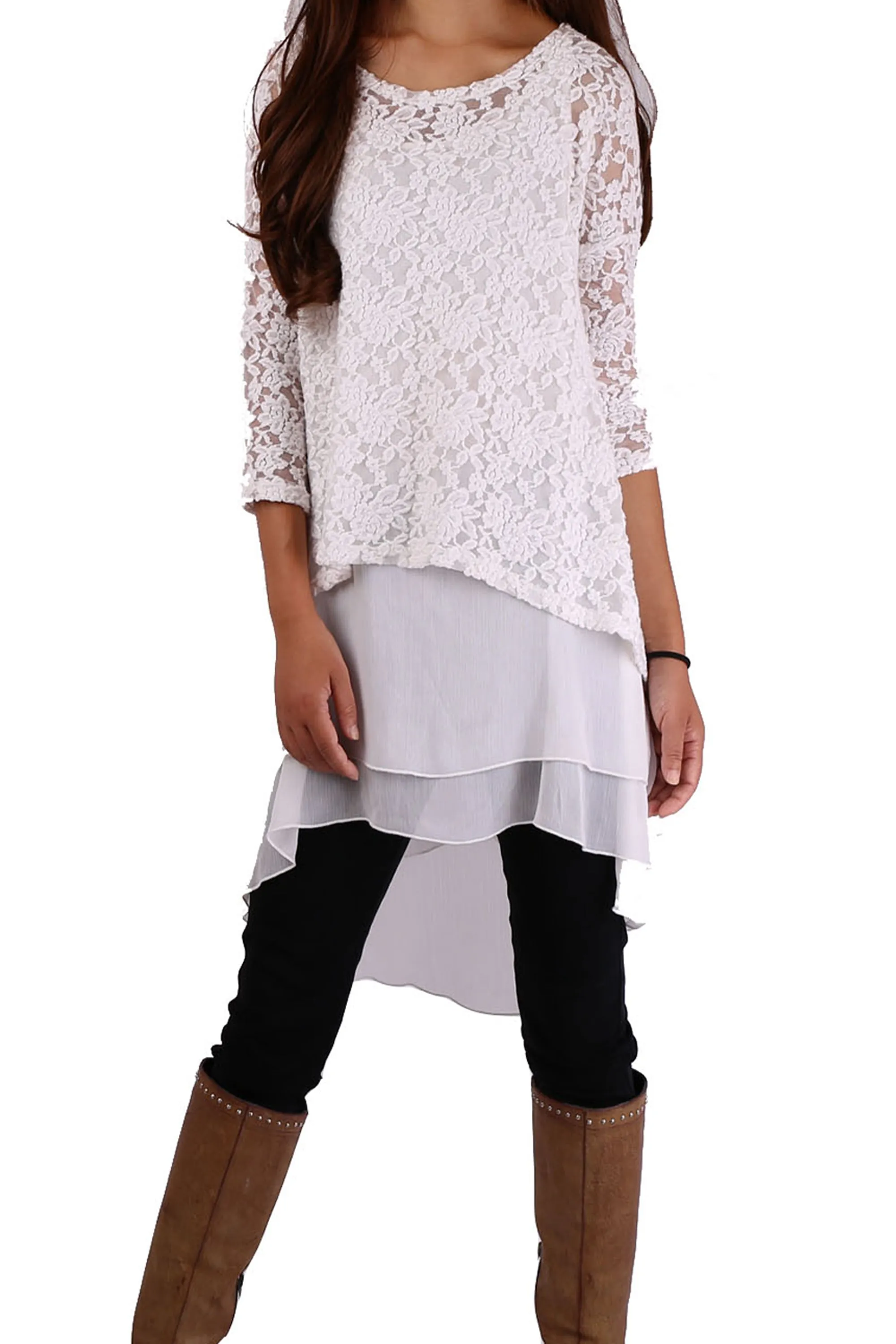 Chiffon Slip Dress/Lace Top with 3/4 Sleeves/Maternity Tunic Dress/Oversize Chiffon Tunic Dress Set/Casual Tunic Top(Q1801)