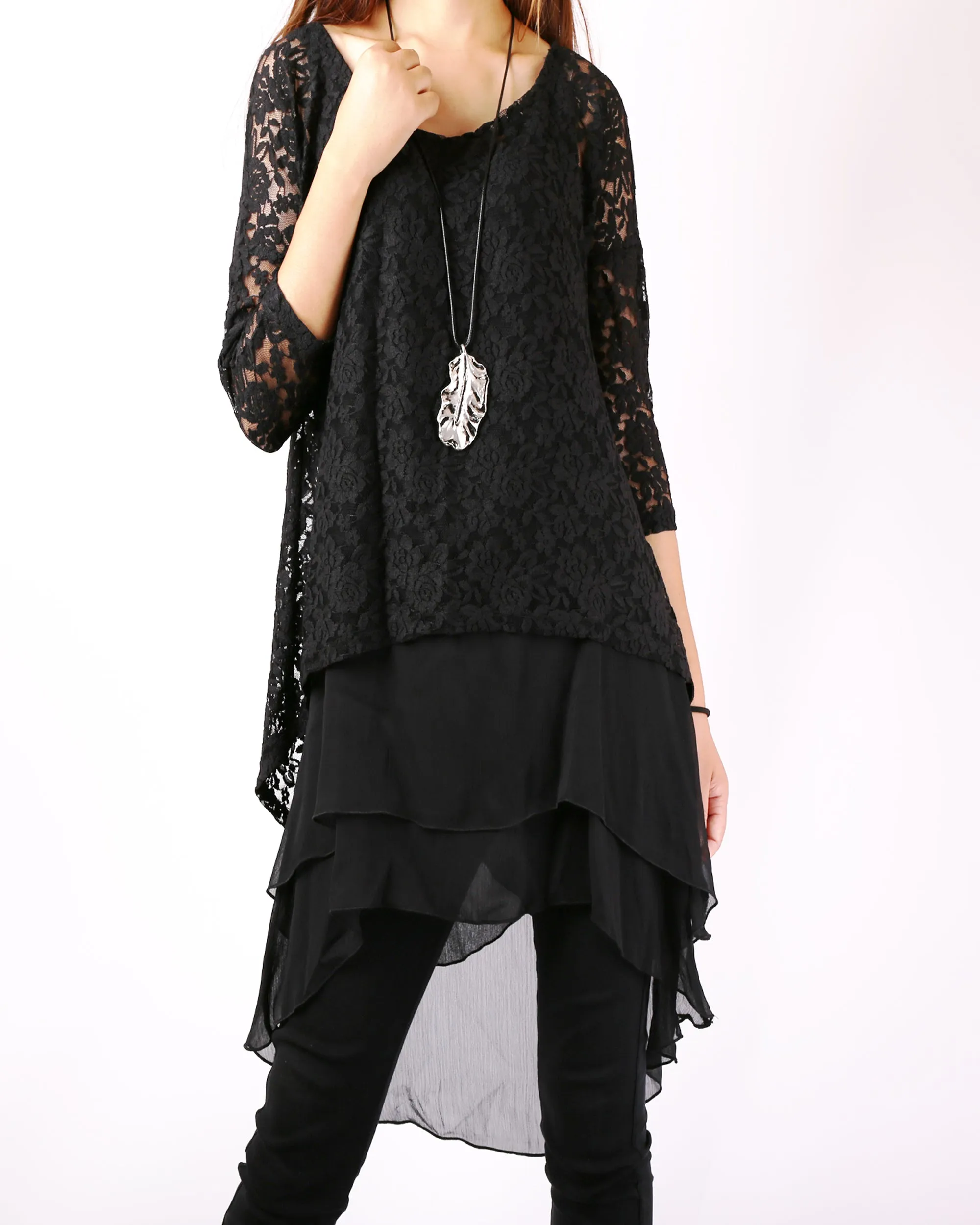 Chiffon Slip Dress/Lace Top with 3/4 Sleeves/Maternity Tunic Dress/Oversize Chiffon Tunic Dress Set/Casual Tunic Top(Q1801)