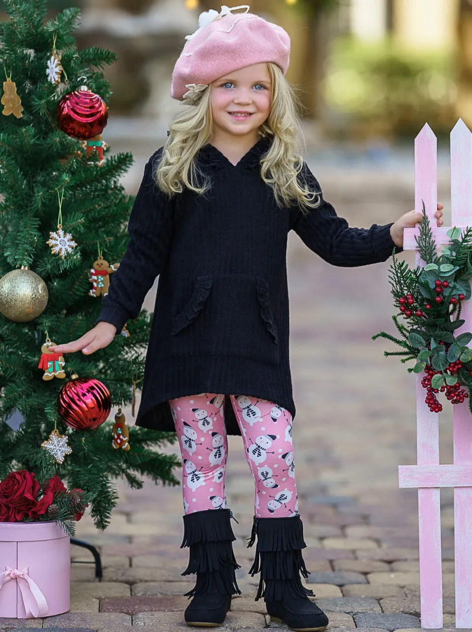 Chill In Style Black Pullover Hoodie And Snowman Legging Set