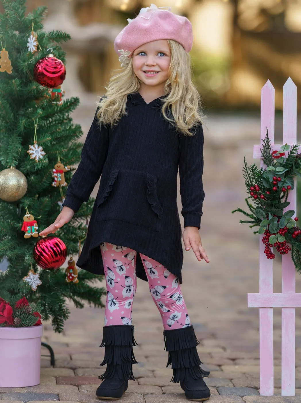 Chill In Style Black Pullover Hoodie And Snowman Legging Set