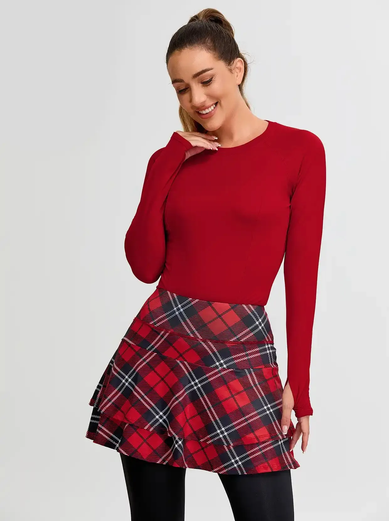 Christmas Red Checkerboard Pleated Athletic Skirted Leggings