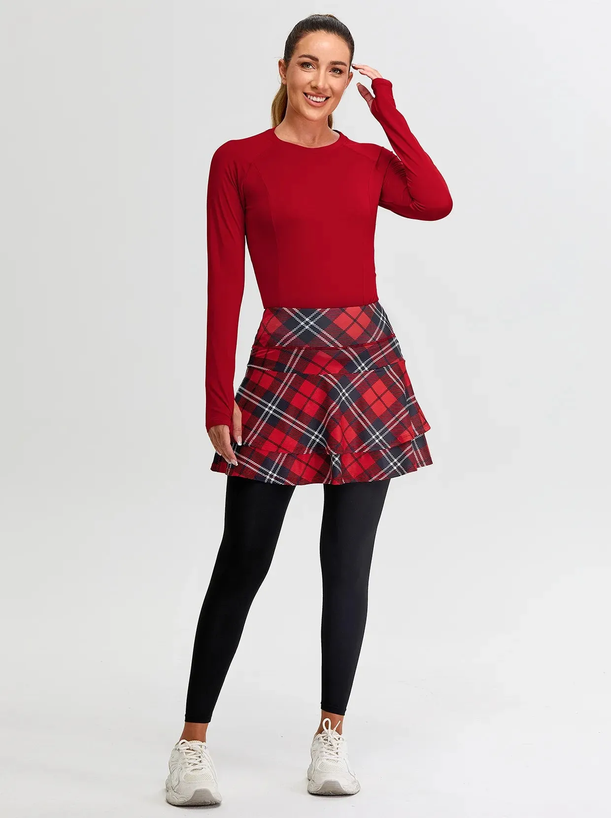 Christmas Red Checkerboard Pleated Athletic Skirted Leggings