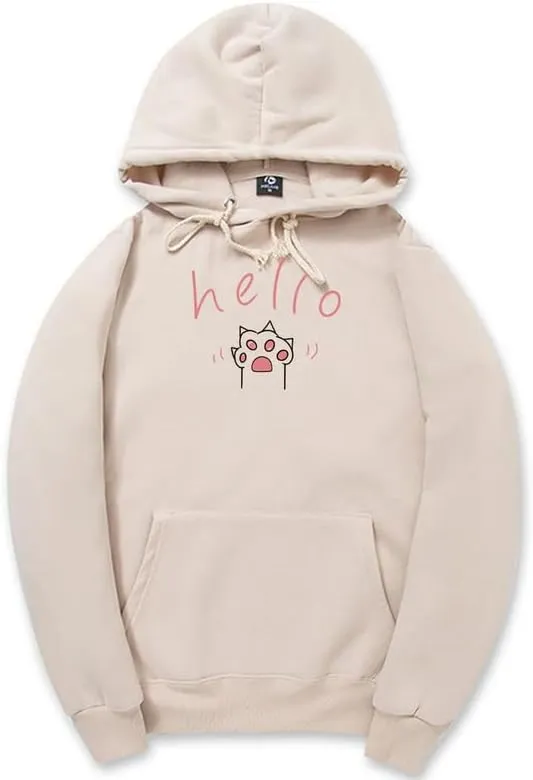 CORIRESHA Cat Paw Graphic Hoodie Drawstring Pocket Kawaii Cute Letter Sweatshirt