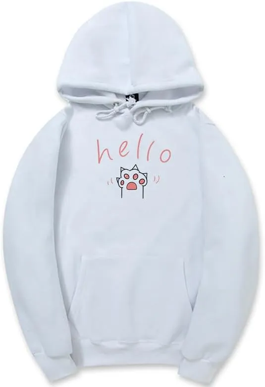 CORIRESHA Cat Paw Graphic Hoodie Drawstring Pocket Kawaii Cute Letter Sweatshirt