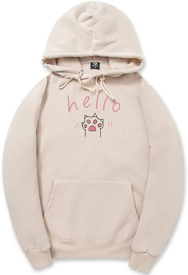 CORIRESHA Cat Paw Graphic Hoodie Drawstring Pocket Kawaii Cute Letter Sweatshirt