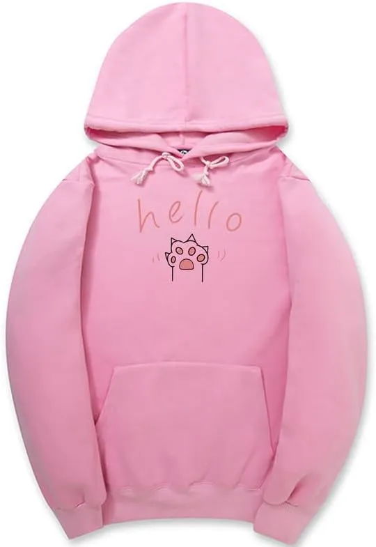 CORIRESHA Cat Paw Graphic Hoodie Drawstring Pocket Kawaii Cute Letter Sweatshirt