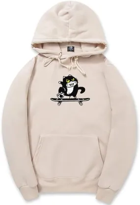 CORIRESHA Cute Cat Skateboard Long Sleeve Drawstring Kangaroo Pocket Hoodie Sweatshirt