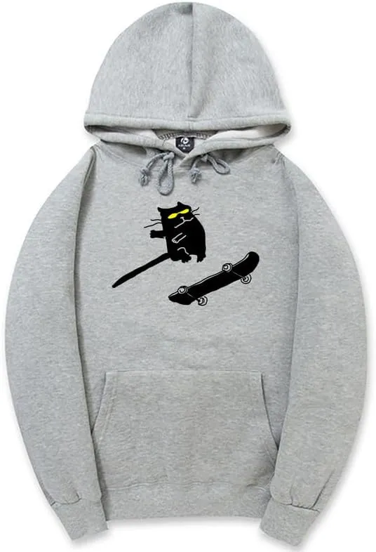 CORIRESHA Funny Cat Skateboard Drawstring Long Sleeve Kangaroo Pocket Hoodie Sweatshirt