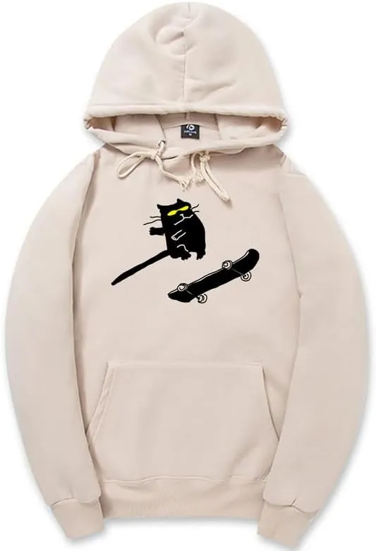 CORIRESHA Funny Cat Skateboard Drawstring Long Sleeve Kangaroo Pocket Hoodie Sweatshirt