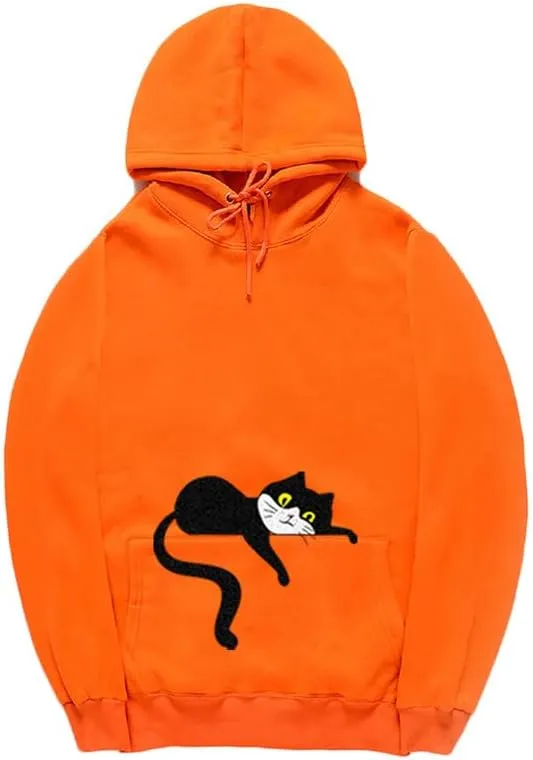 CORIRESHA Unisex Cute Lazy Cat Hoodie Long Sleeve Drawstring Pocket Cotton Sweatshirt