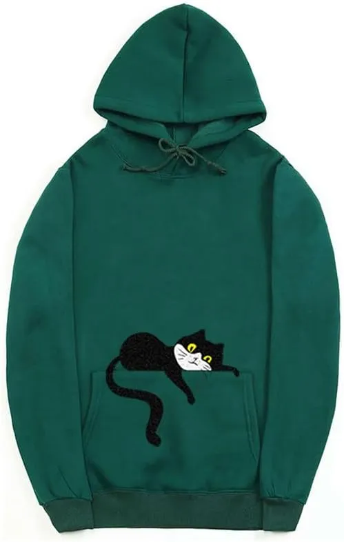 CORIRESHA Unisex Cute Lazy Cat Hoodie Long Sleeve Drawstring Pocket Cotton Sweatshirt